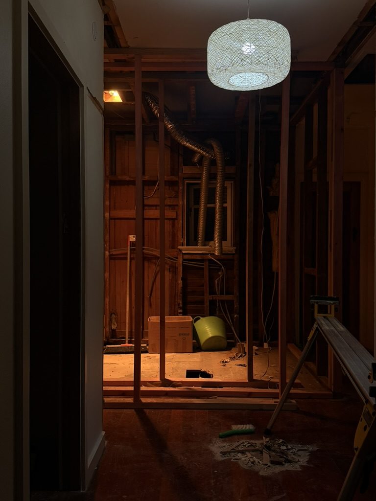 Interior gutted back to framing, hallway and ceilings