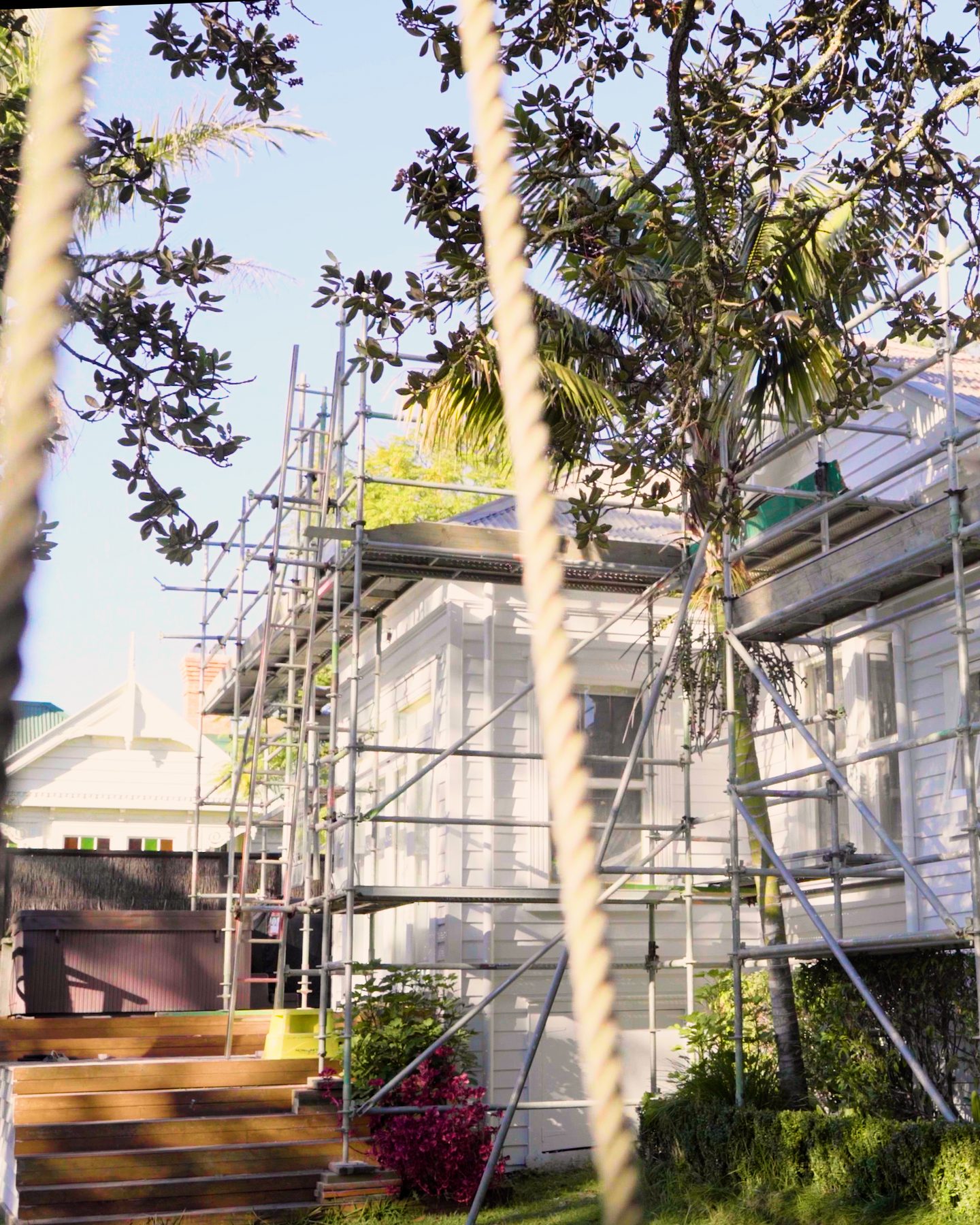 Scaffolded villa renovation in progress